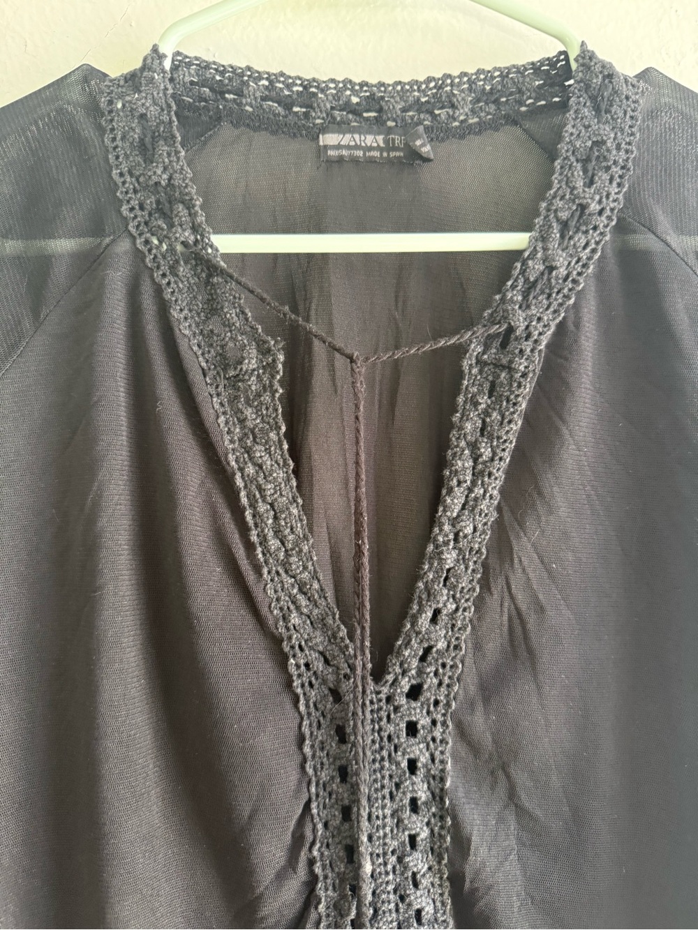 Vintage Zara TRF Black Sheer Crochet Trim Boho Peasant Blouse | Medium